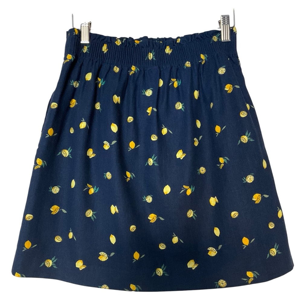 J. CREW FACTORY sz 4 Skirt Linen Blend Lemon Motif Paper Bag Waist Blue Yellow